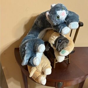 2 Gray & Tan Plush Cat and Pug Pair  Neck Massagers Both Works!